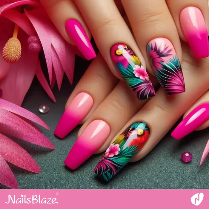Ombre Pink Nails and Fuchsia Flowers | Hawaii Nails - NB4050
